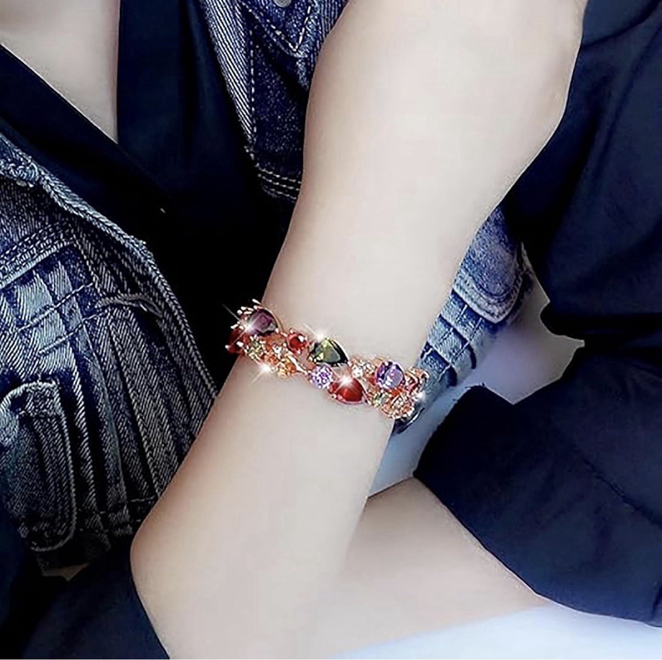 QIANSE 18K Rose Gold Plated Multicolor Lab Grown Stones Link Tennis Bracelet 7in