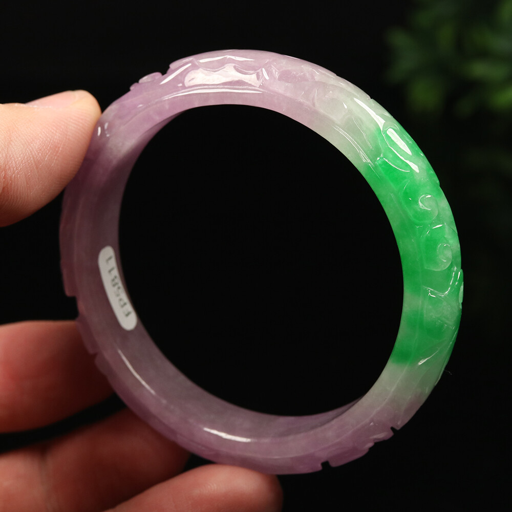 55mm Lavender Purple Green Jadeite Jade Bracelet Bangle Ruyi Flower A-11675