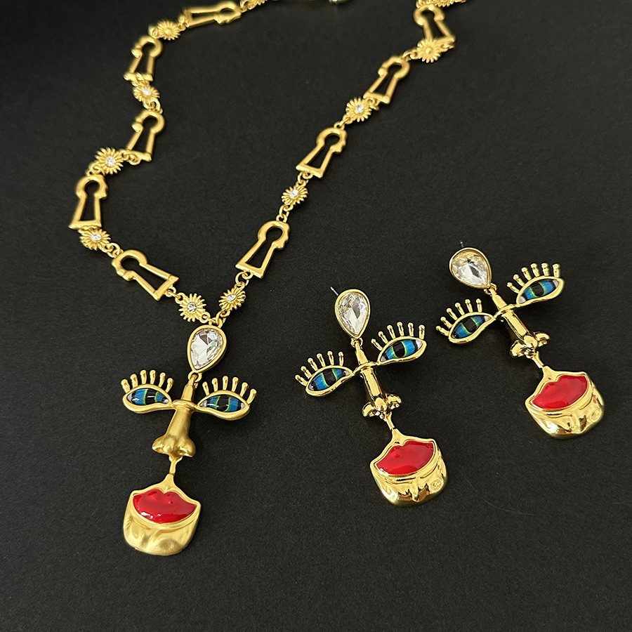 Surrealist Face Pendant Necklace Earring Set Vintage Art Jewelry Gift for Women