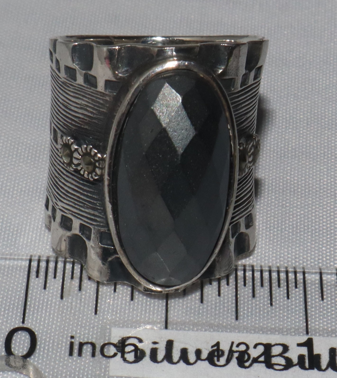 Sterling Silver Oxidized Wide Band Faceted Hematite & Marcasite Ring SZ 7 1/2