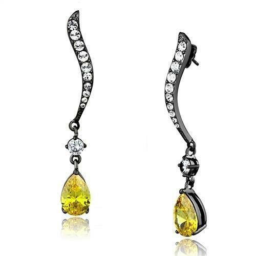 Gunmetal Black Plated Stainless Steel Canary Yellow Pear Cut CZ Dangle Earrin…