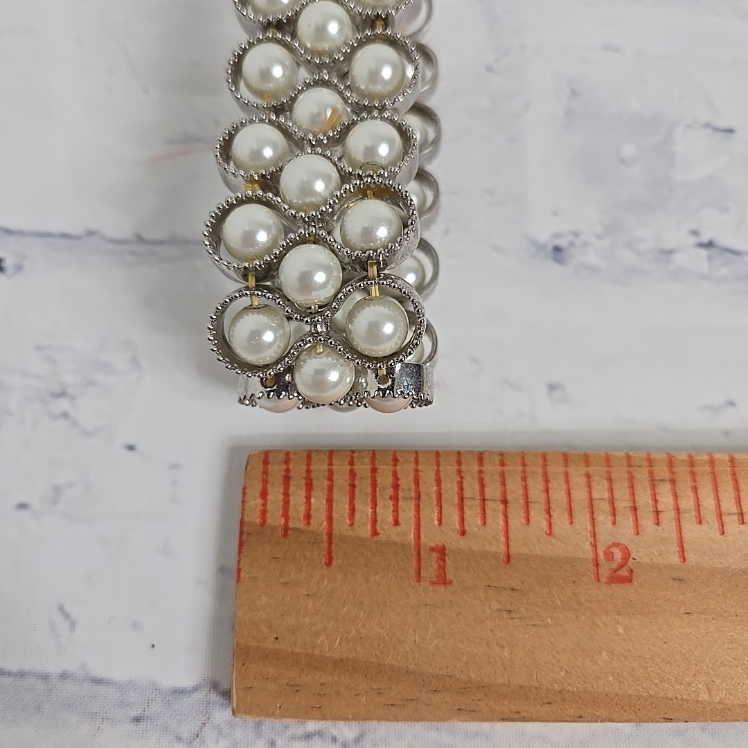 Faux Pearl Bracelet Silver 3 Strand Stretchy Wedding Formal Casual Jewelry New