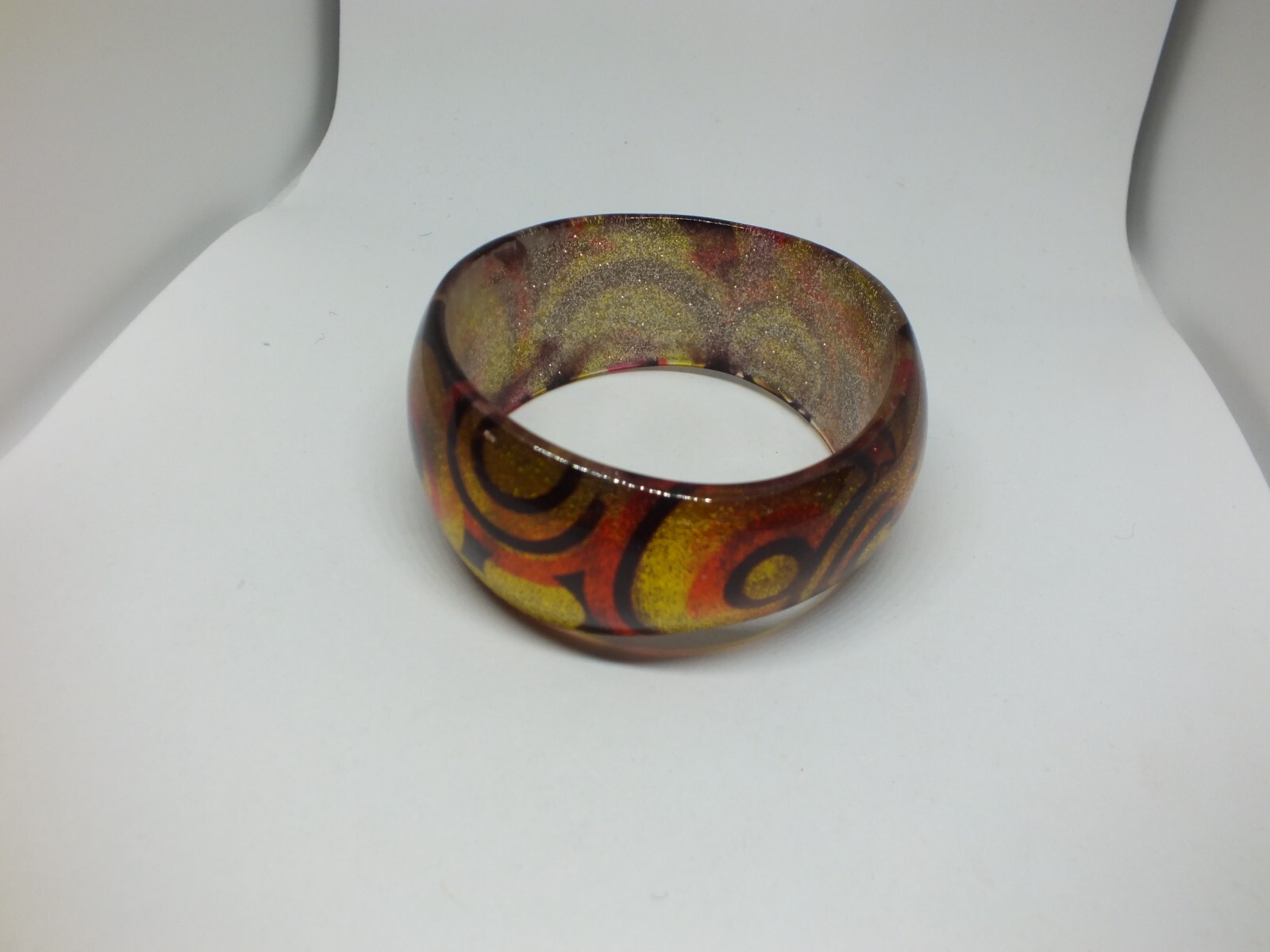 Beautiful Bangle Bracelet Yellow Orange Black Plastic Tapered 1 1/2 Wide 2 1/2 A