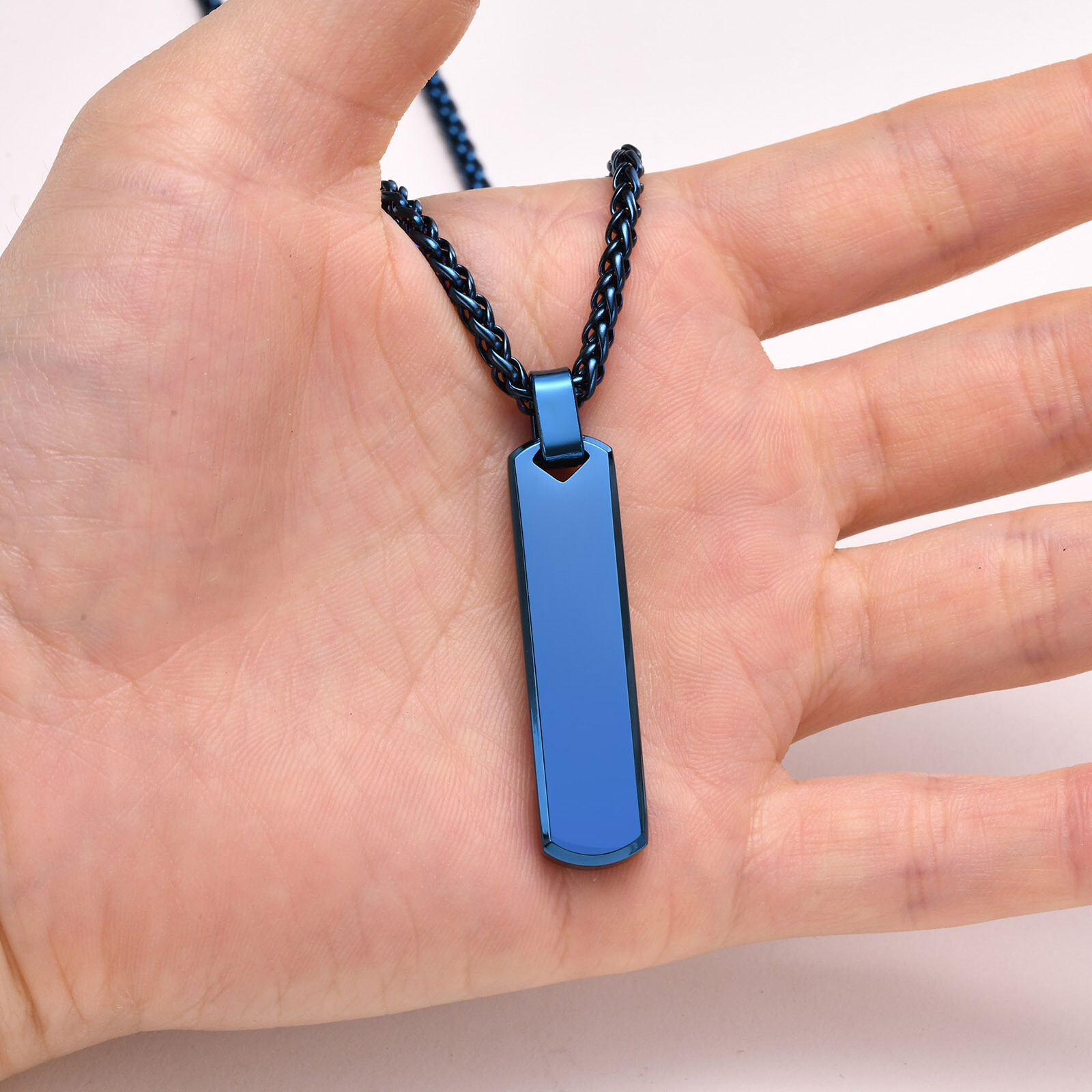 Men Blue Rectangular Bar Necklace Stainless Steel Simple Pendant Wheat Chain 24′