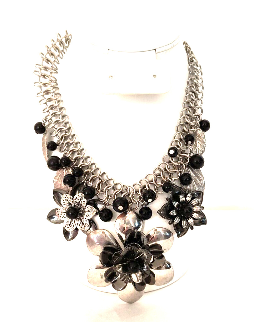 Silver Tone & Black Women’s Statement Necklace Flower Shapes Adjustable Length