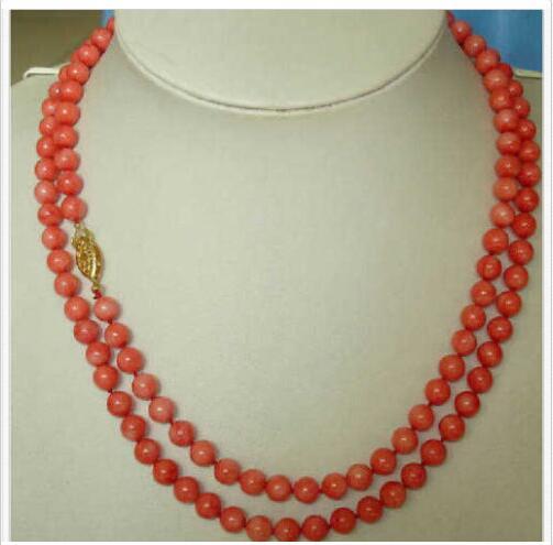 35″ Charming AAA+ 6mm real natural red coral round necklace 14k Yellow Gold