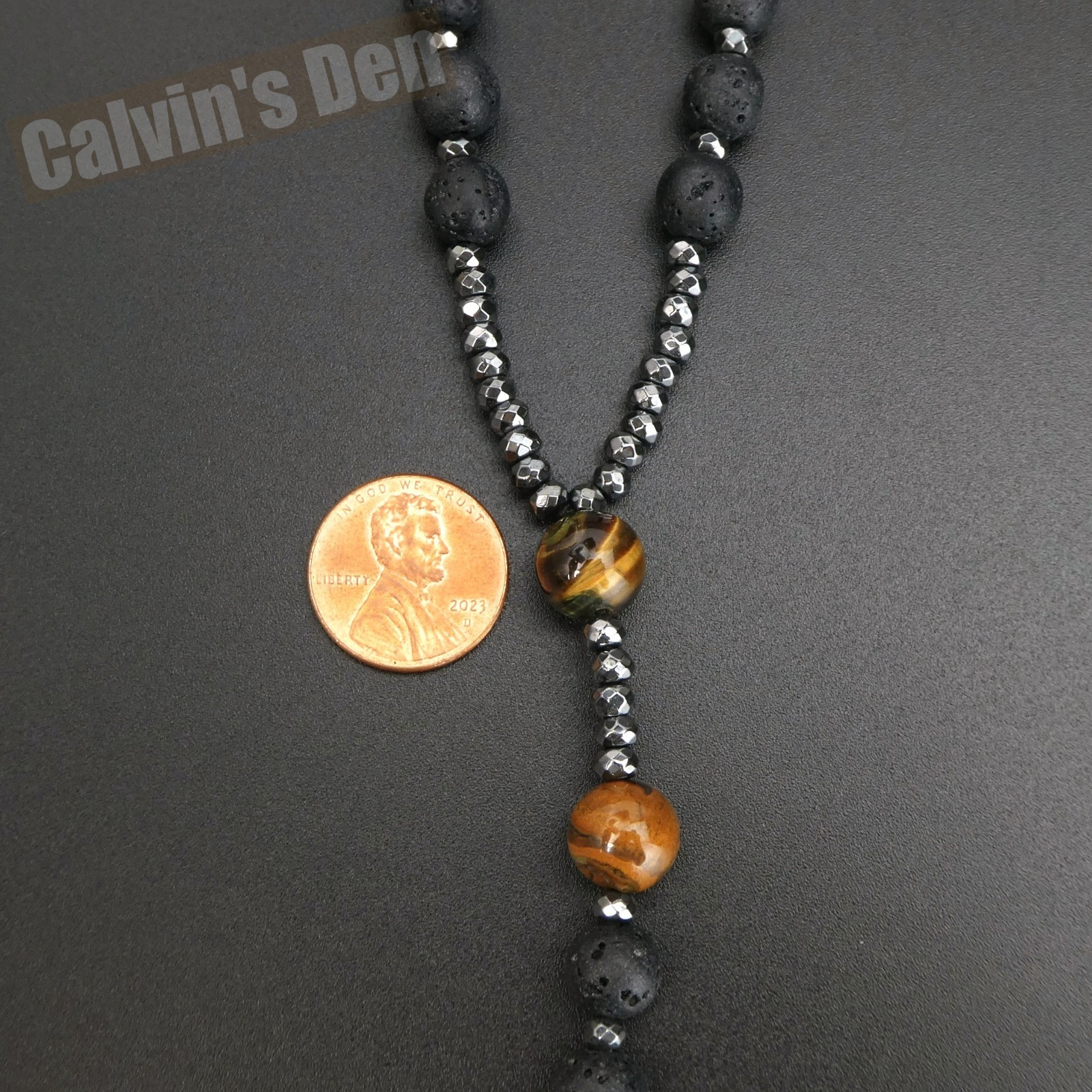 Gothic Punk Cross Pendant Lava Stone Tiger Eye Beads Rosary Necklace Men Gift