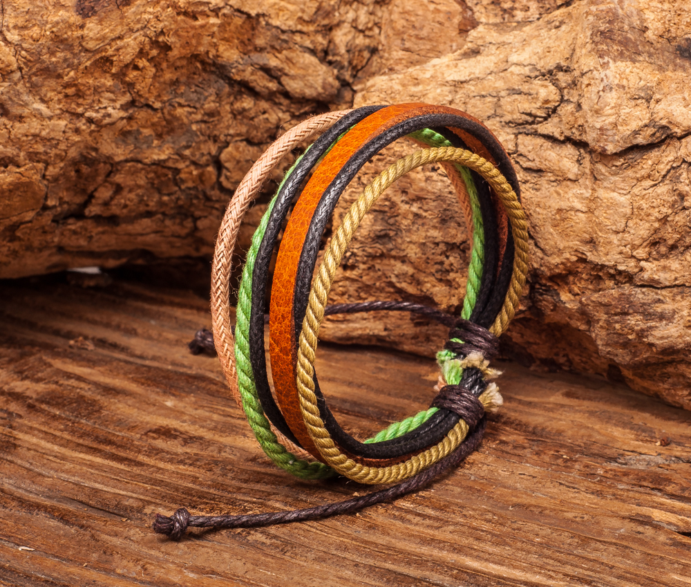 M02 Multi Band Surfer Cotton Hemp Leather Mens Unisex Wrap Bracelet Wristband