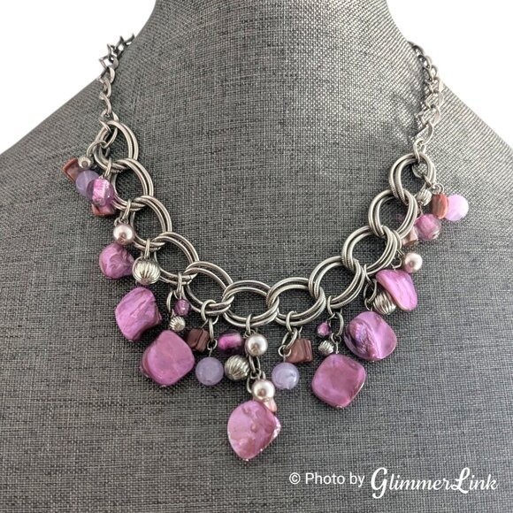 Silver Tone Bib Necklace with Pink Shell Chips Faux Pearls and Acrylic Beads