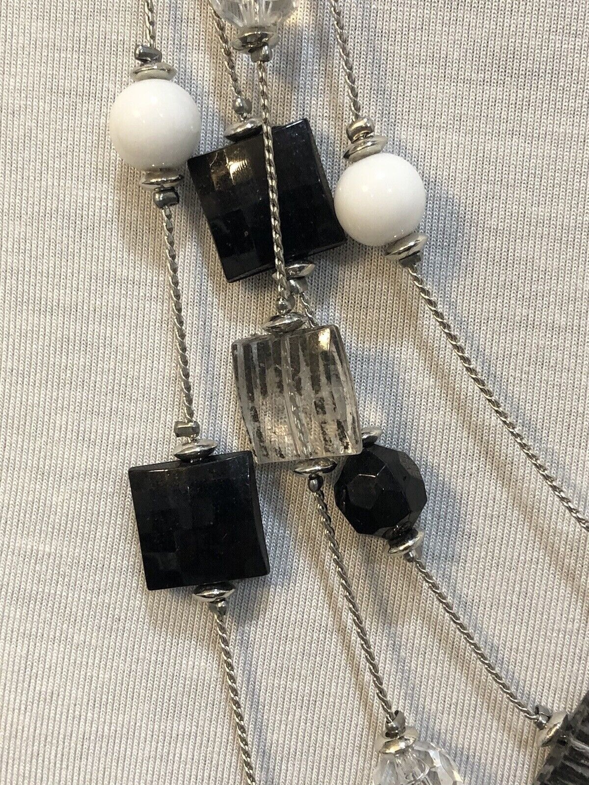 Multistrand Black White Clear Beaded Faceted Bead Necklace with Extender Boho