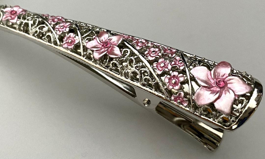 LONG SILVERTONE HAIR CLAMP PINK CRYSTALS ENAMEL FLOWERS SHIPS FAST FROM USA