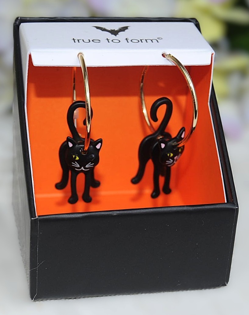 NEW IN BOX True To Form Black Cat Dangle Hoop Earrings Halloween