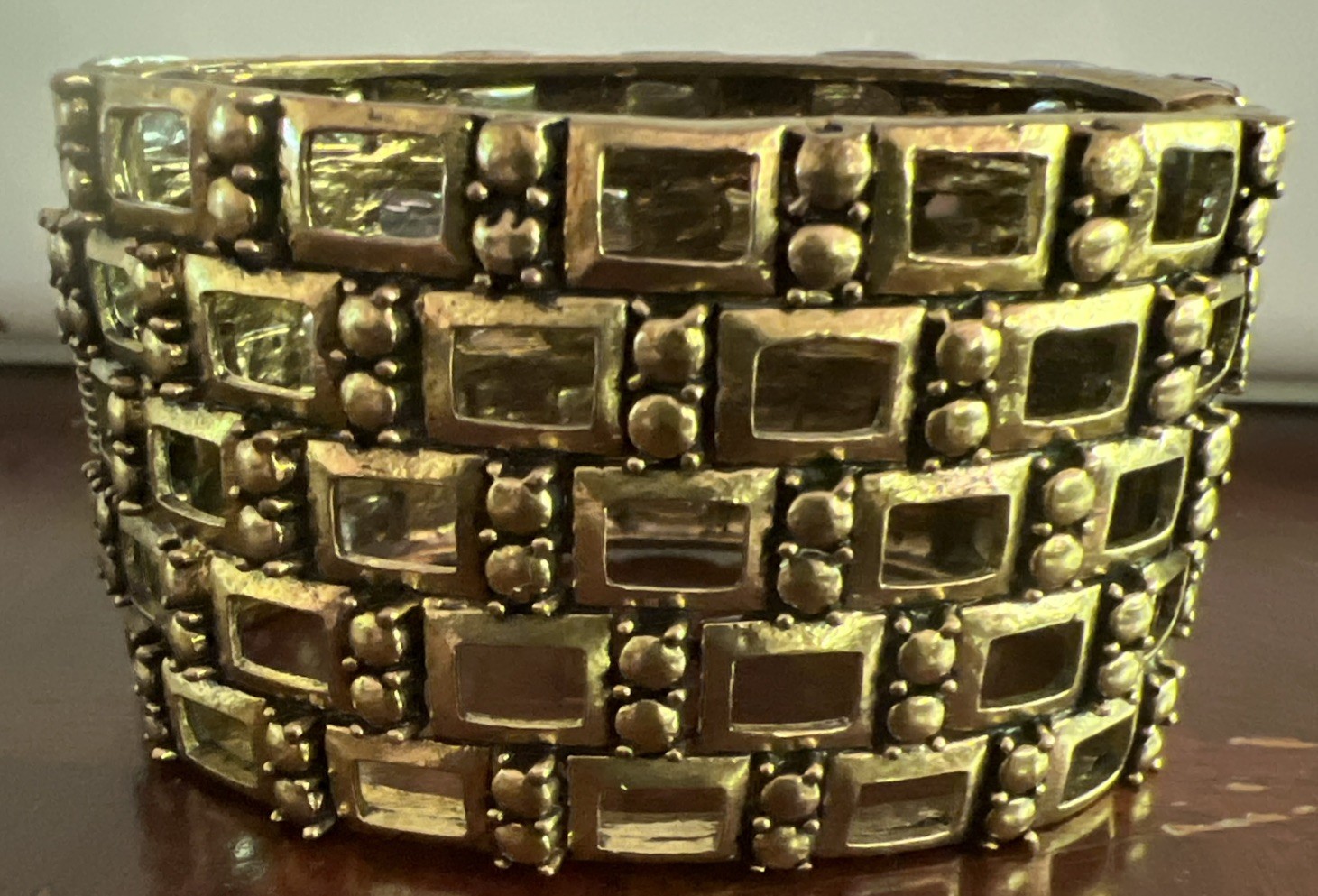 Yuhong Wide Hinged Cuff Clamper Red Aurora Borealis Rhinestone Bracelet EUC
