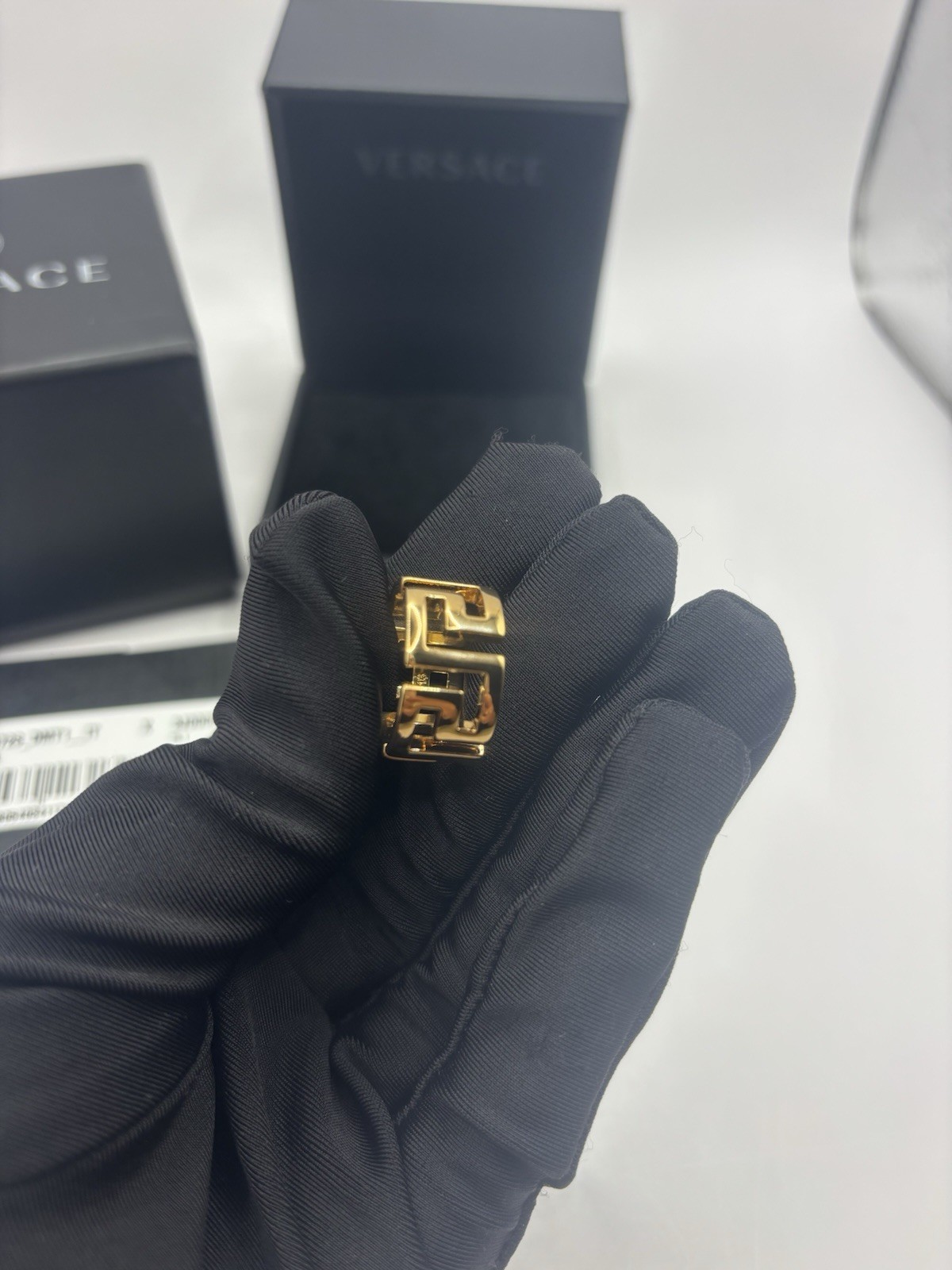 NIB Versace Greca Logo Gold Cut Out Wide Band Ring Sz 13 IT $350.