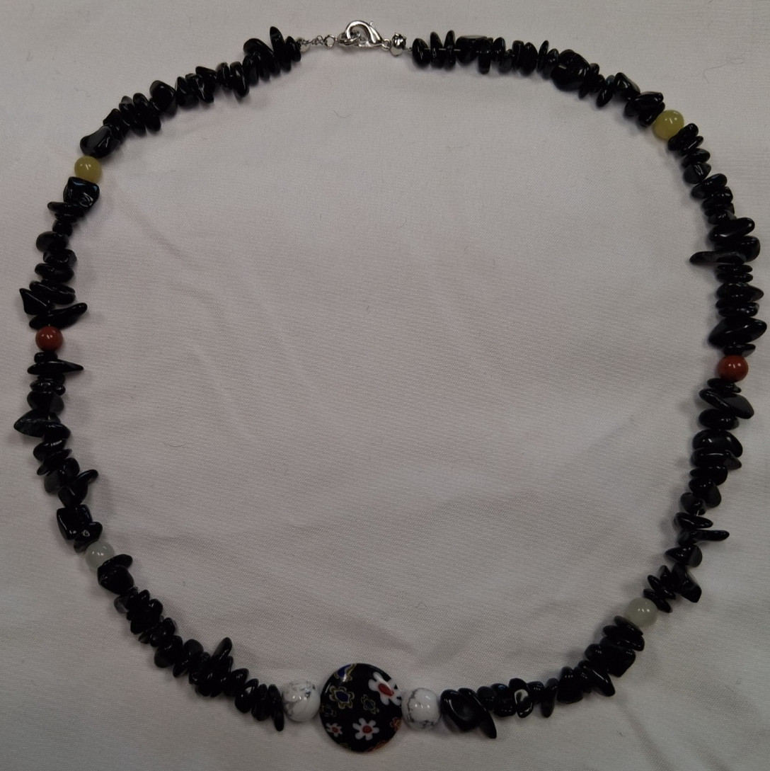 Black Jasper Chips Semi Precious, Beads, Necklace, Daisy Charm, 18 inches