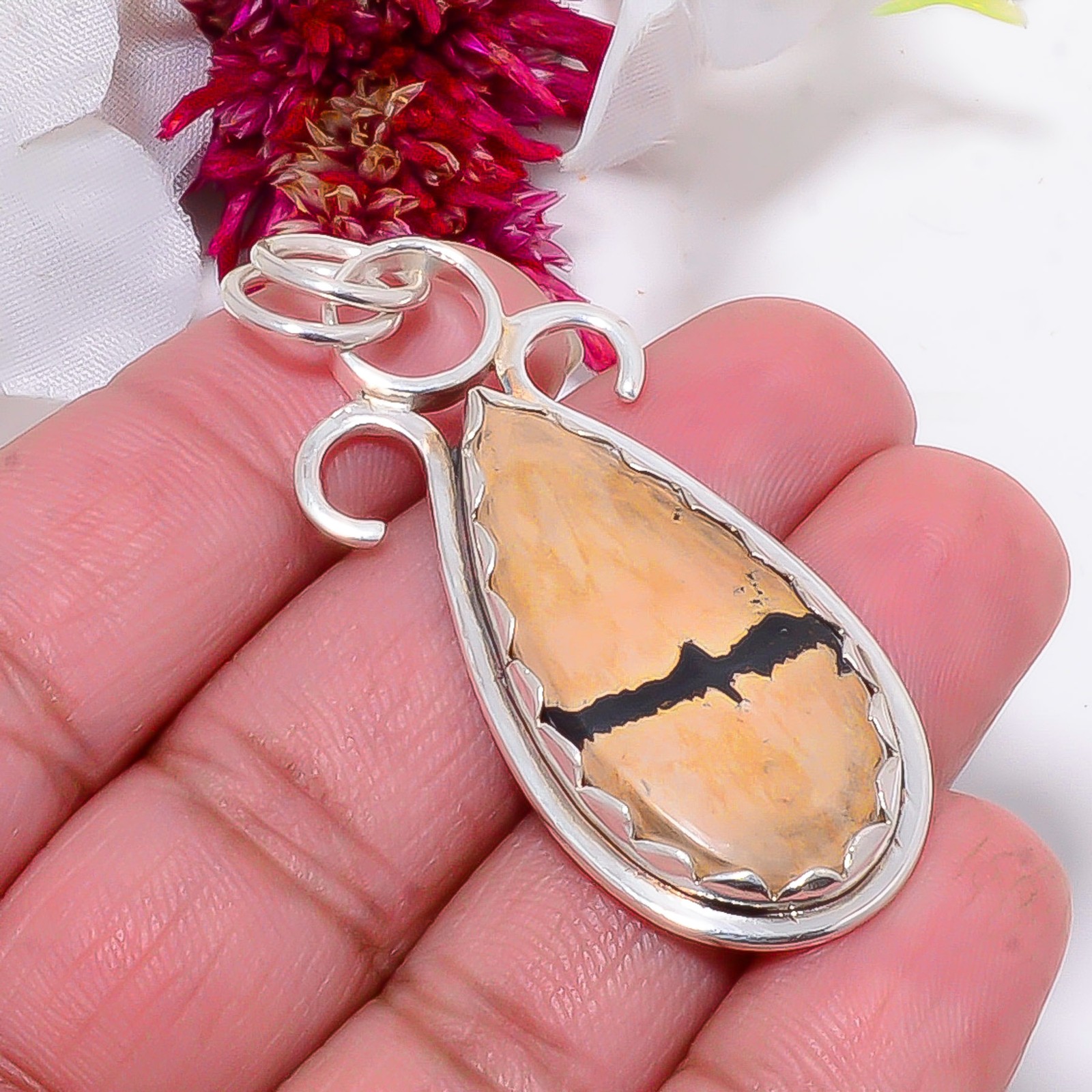 Honey Dendritic Opal – Mexico Gemstone 925 Sterling Silver Pendant 2.15″ Sku4