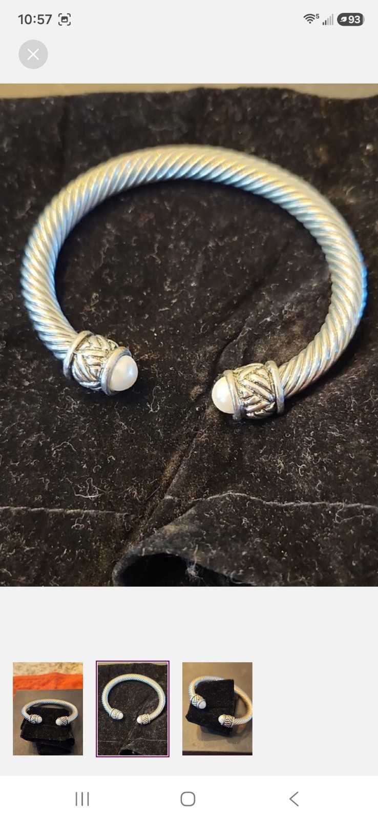 0035 Silver Tone Rope Twist Cuff Bracelet White Round Pearl Colored Bezel Caps