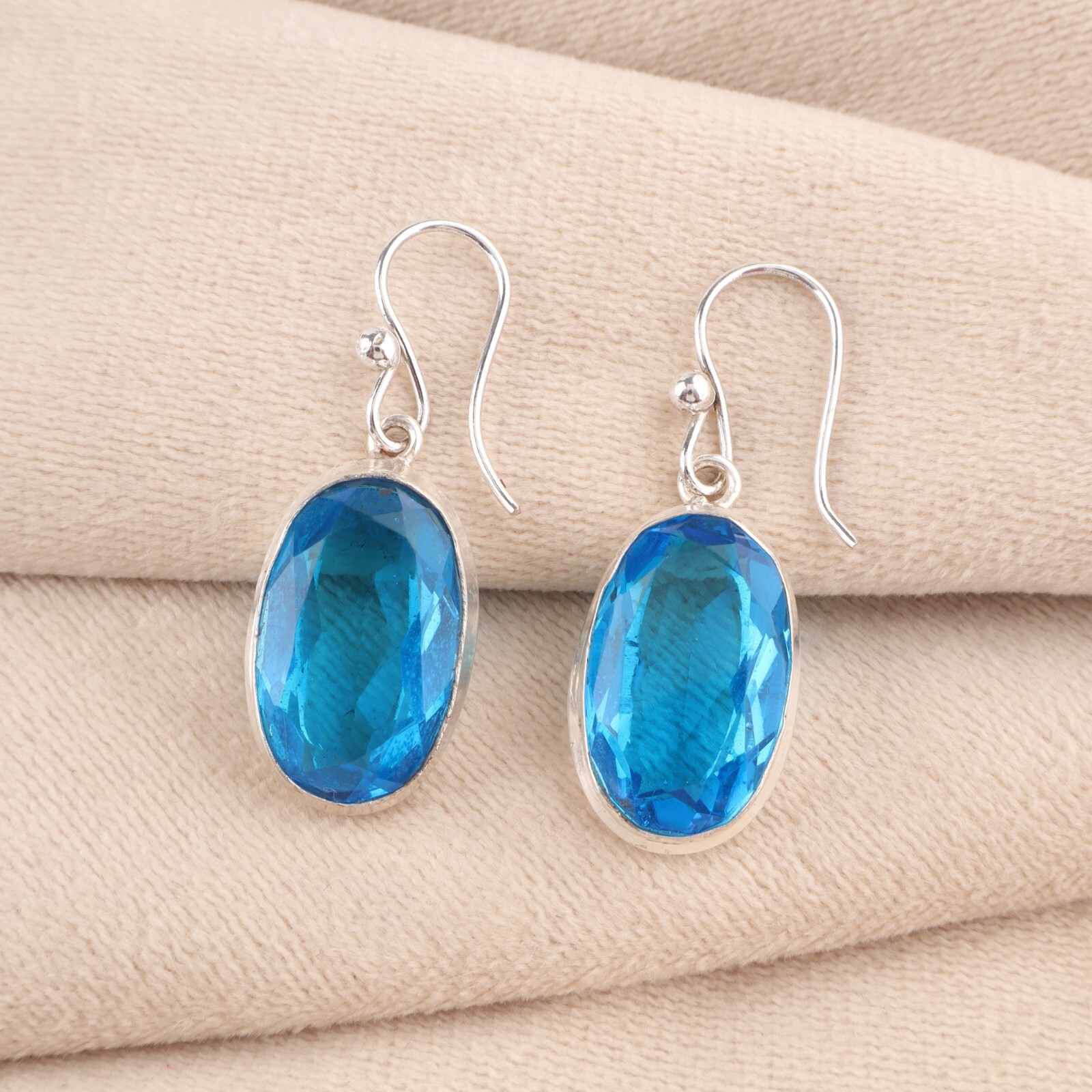 Gift For Her 925 Sterling Silver Swiss Blue Topaz Gemstone Drop/Dangle Earrings