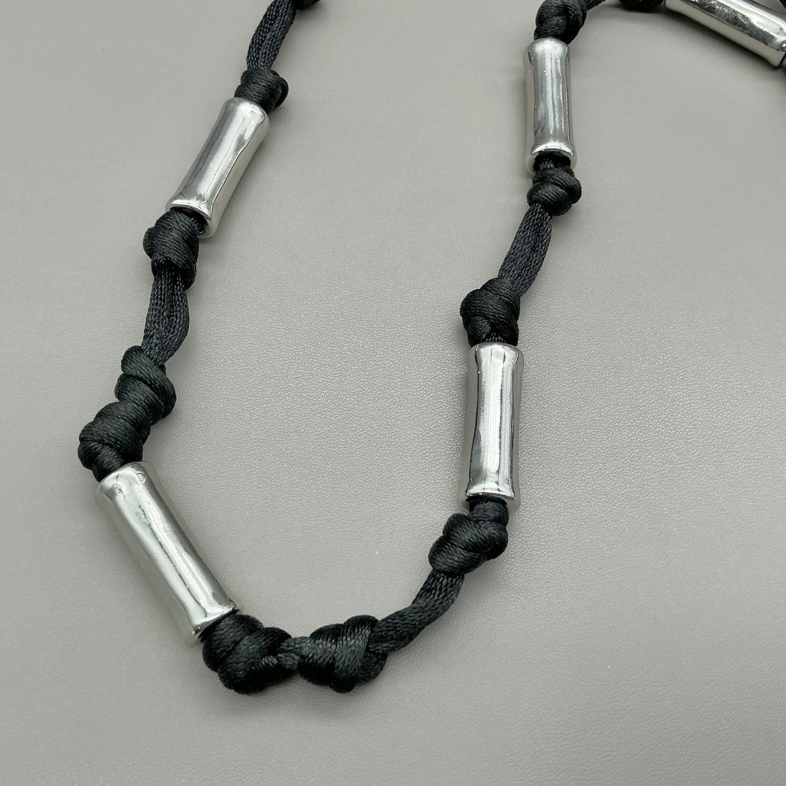 Chicos Necklace Women Silver Tone Black Cord Knotted Tube Bead Adjustable 30 In