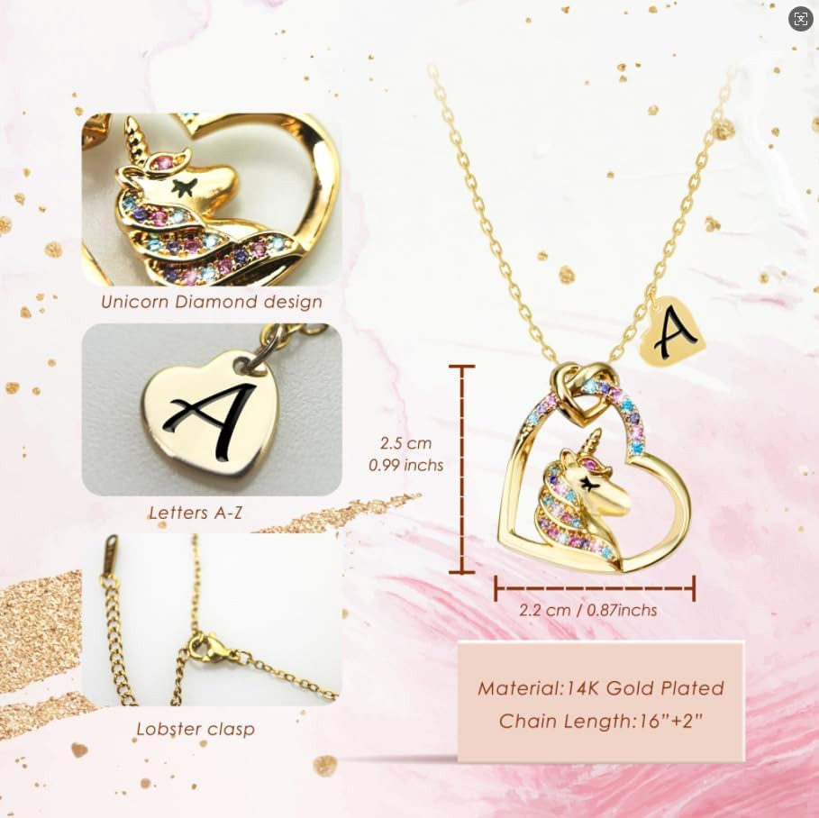 Unicorn Necklace Girls Gold CZ Heart Initial Gift Daughter Granddaughter