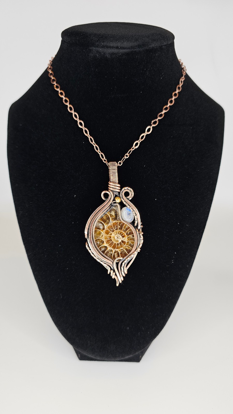 Ammonite Natural Fossil Moonstone Gemstone Pendant Handmade Copper Wire 3008