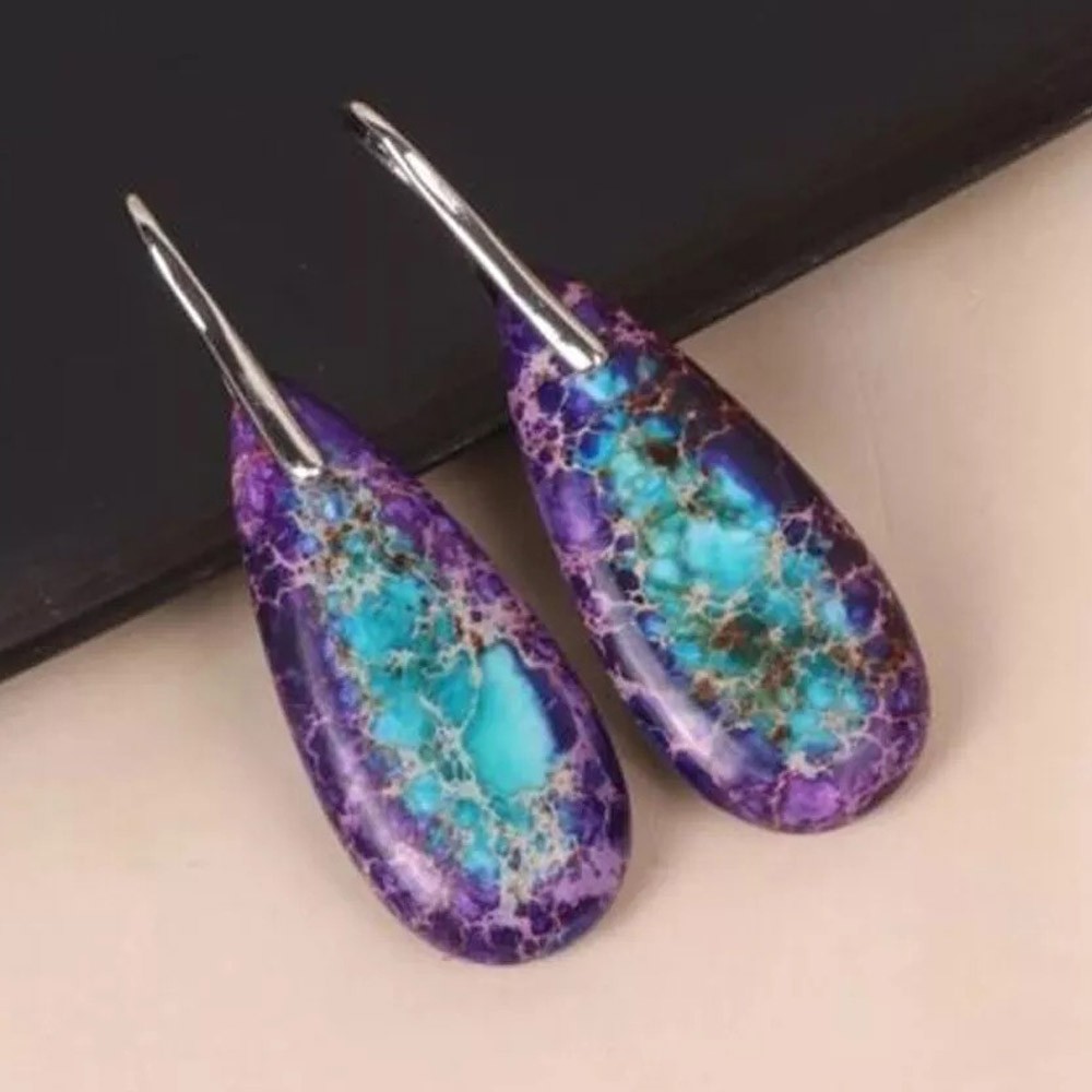 Drop Earring Natural Imperial Jasper Stone Teardrop Dangle Earrings Silver Hook