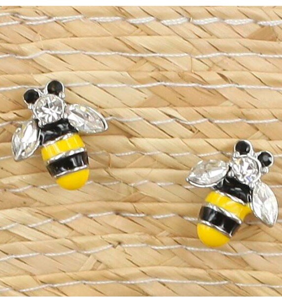 Small Black And Yellow Enamel Bee Post Earrings With Crystal Rhinestones