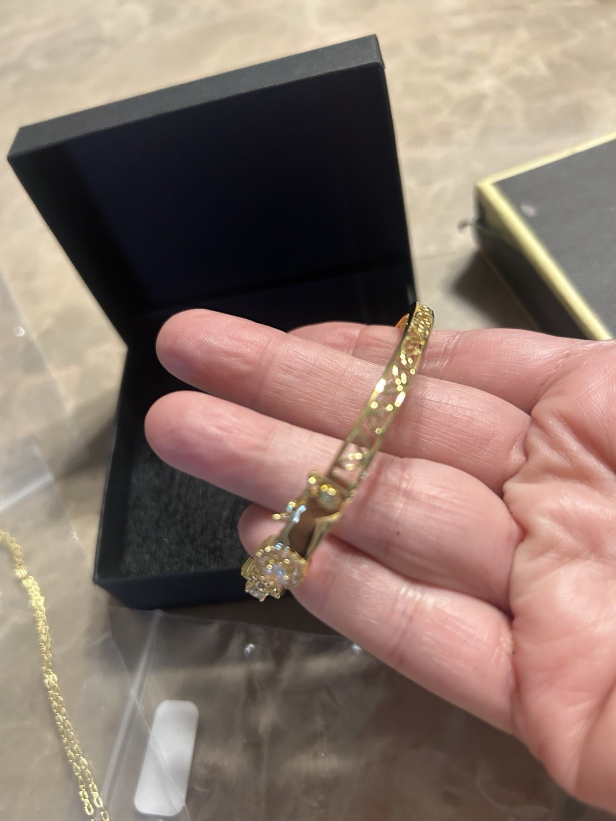 Gold Tone Hinged Bangle Bracelet w/ Round Clear Stones, Prong Set Metal