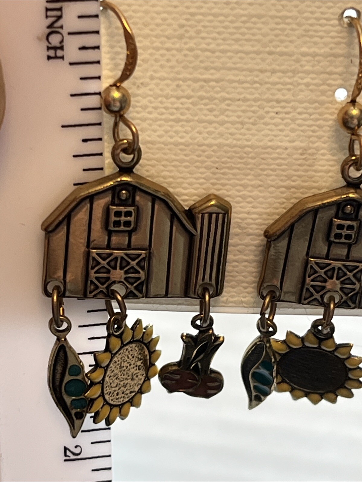 Unique 1/20 14k GF Barn Charm Earrings With Pea, Sunflower & Beet Charms 1.875”