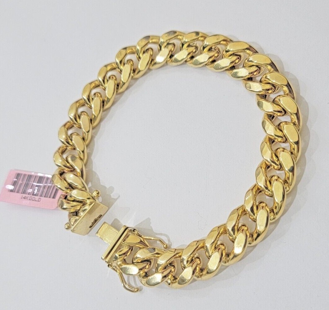 11mm 14k Gold Bracelet Miami Cuban Link 7″- 10 Inch Mens Real 14kt Yellow Gold