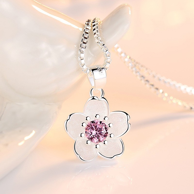 2 Pack Set Luxury Pink Purple Blossom Flower CZ Pendant Necklace for Women