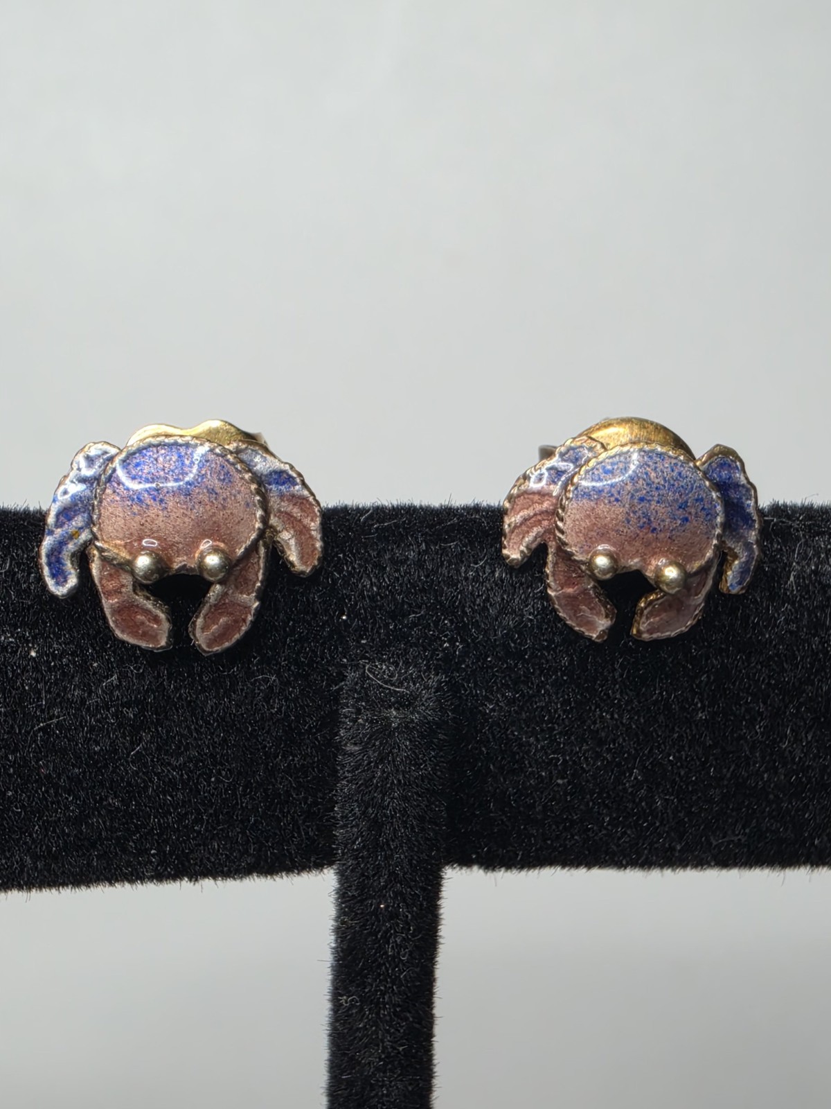 925 Blue Purple Enamel Crab Stud Earrings Figural Nautical