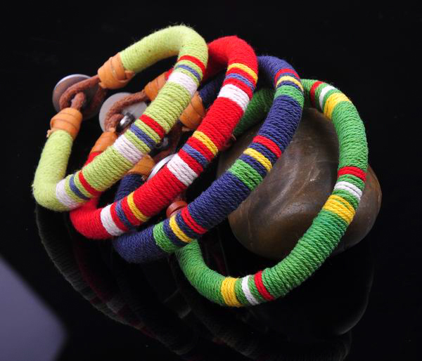 S471 2pcs Surfer Cotton Wrap Leather Men’s Leather Wristband Bracelet Cuff BL&G