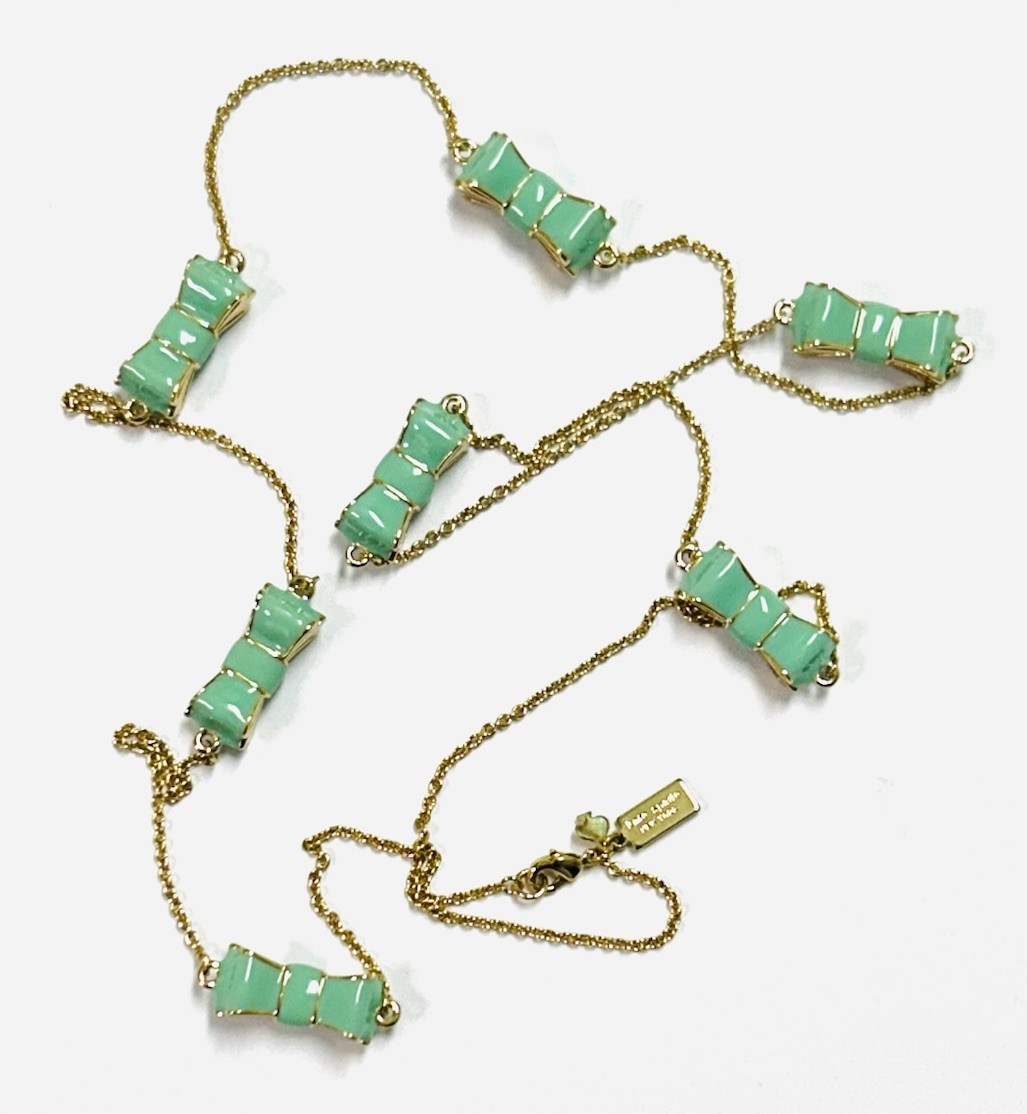 Kate Spade Mint Green Take A Bow Long Scatter Bow Ribbon Necklace EUC Cute!