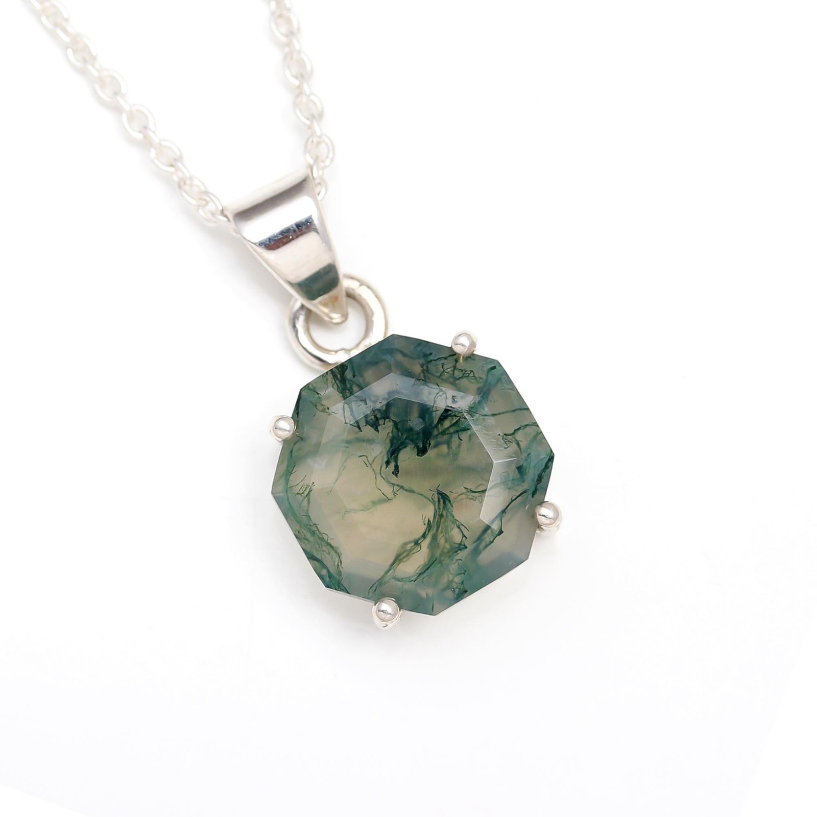 Natural Moss Agate Octagon Chain Necklace 925 Sterling Silver Minimalist Jewelry