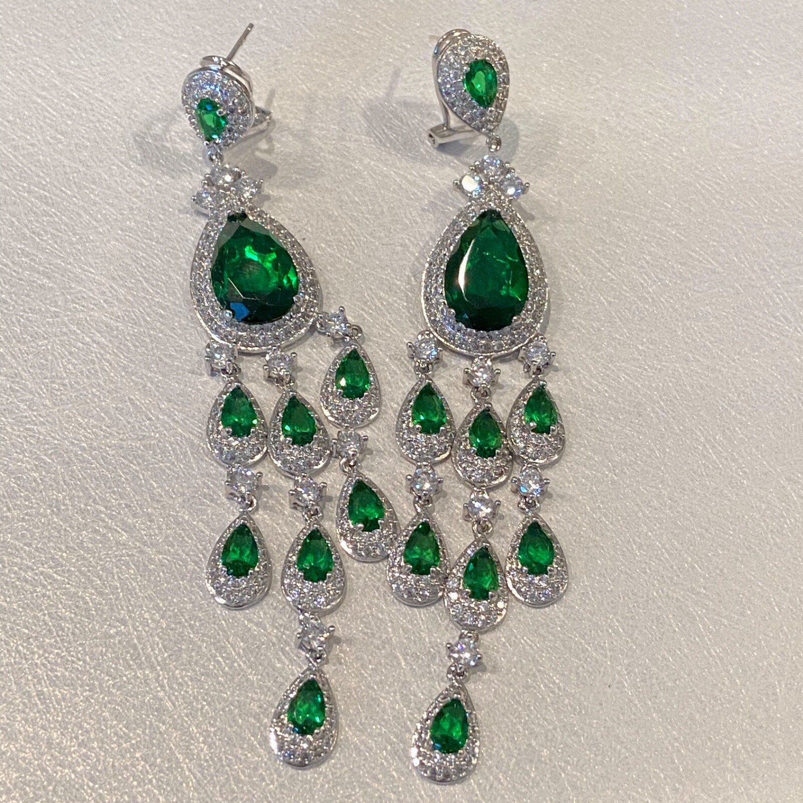 18k Platinum Plated Lab-Created Green Emerald & Diamond Long Chandelier Earrings