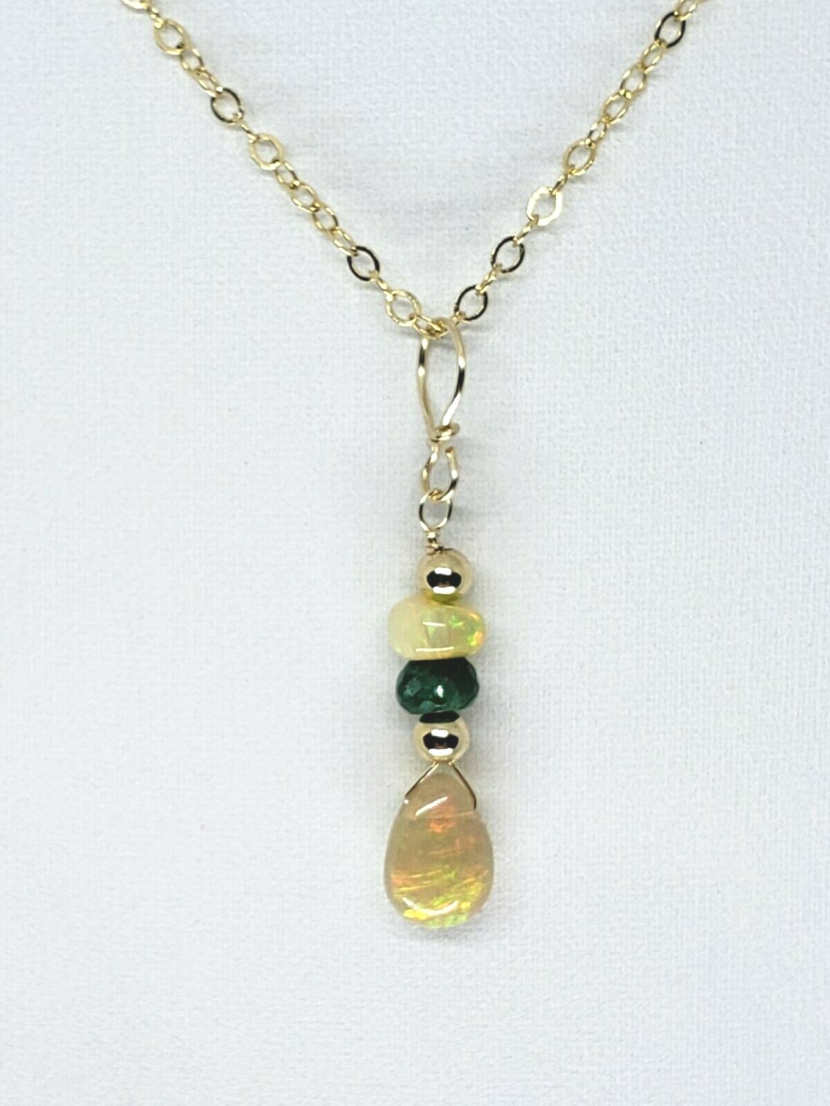 14k Yellow Gold Ethiopian Opal Briolette and Green Sapphire Cluster Drop Pendant