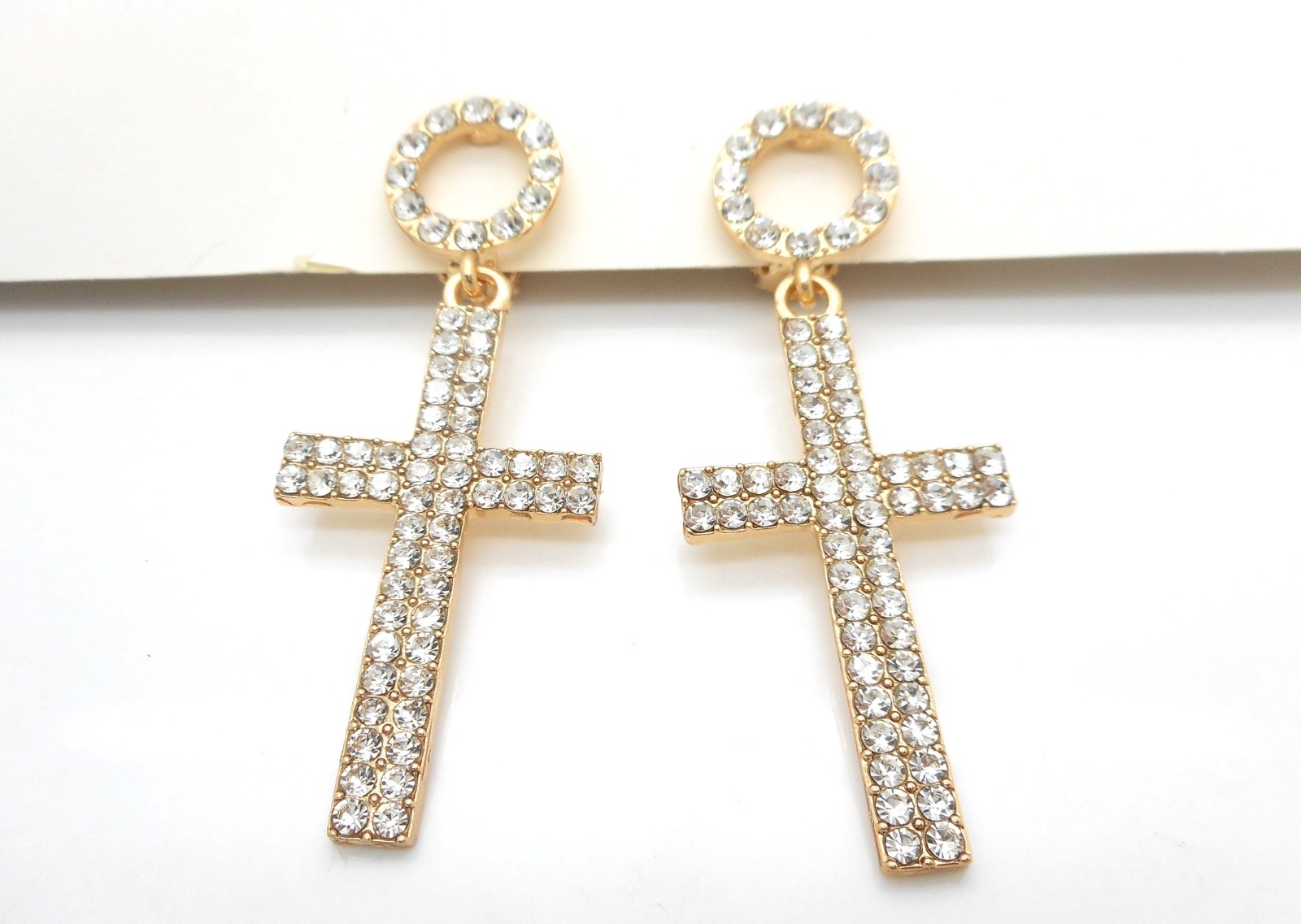 Dangle Cross Clip on Earrings Women New 1.15″ Gold or Silver