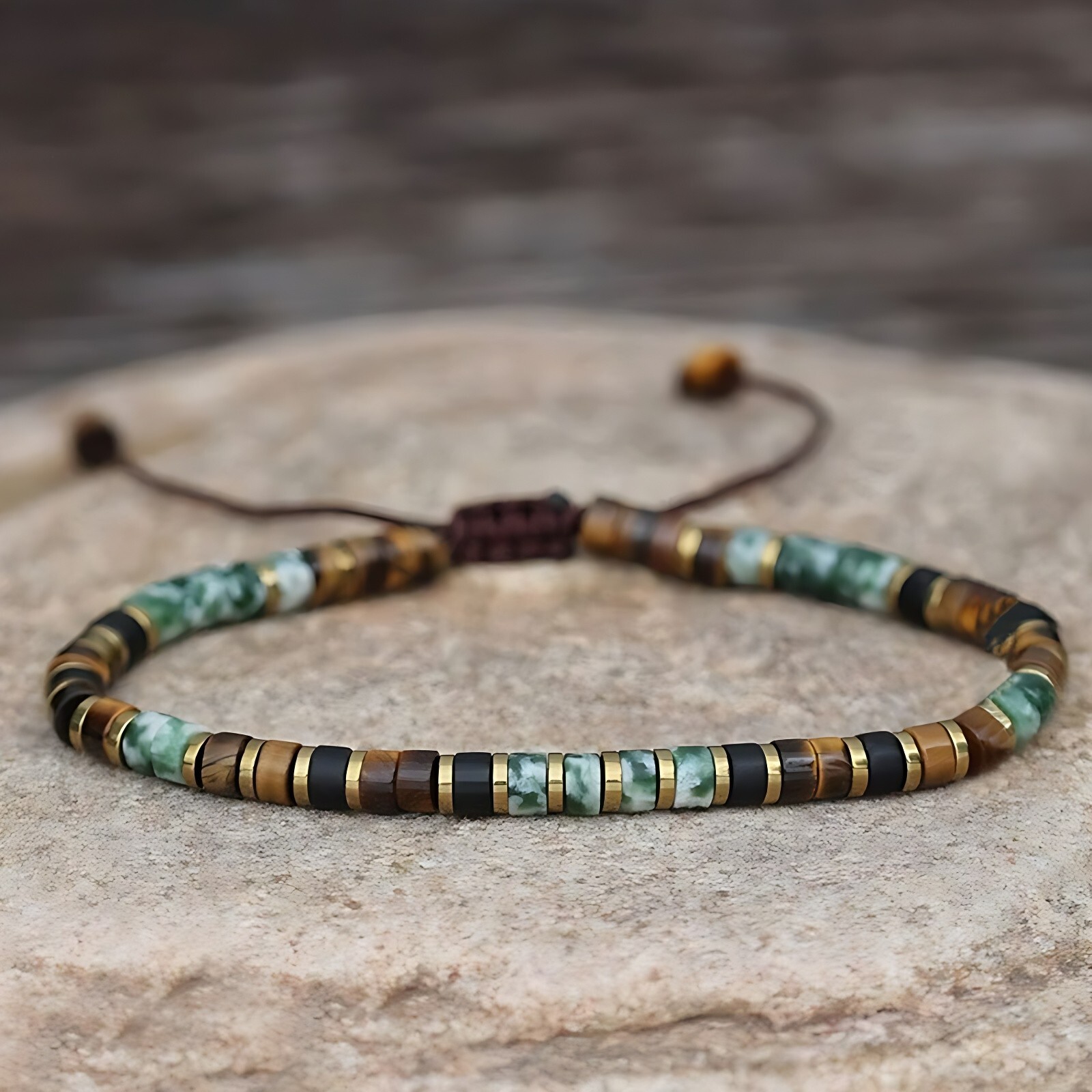 Green Spot Jasper & Tiger Eye Beads Healing Strength Women Men Crystal Bracelet