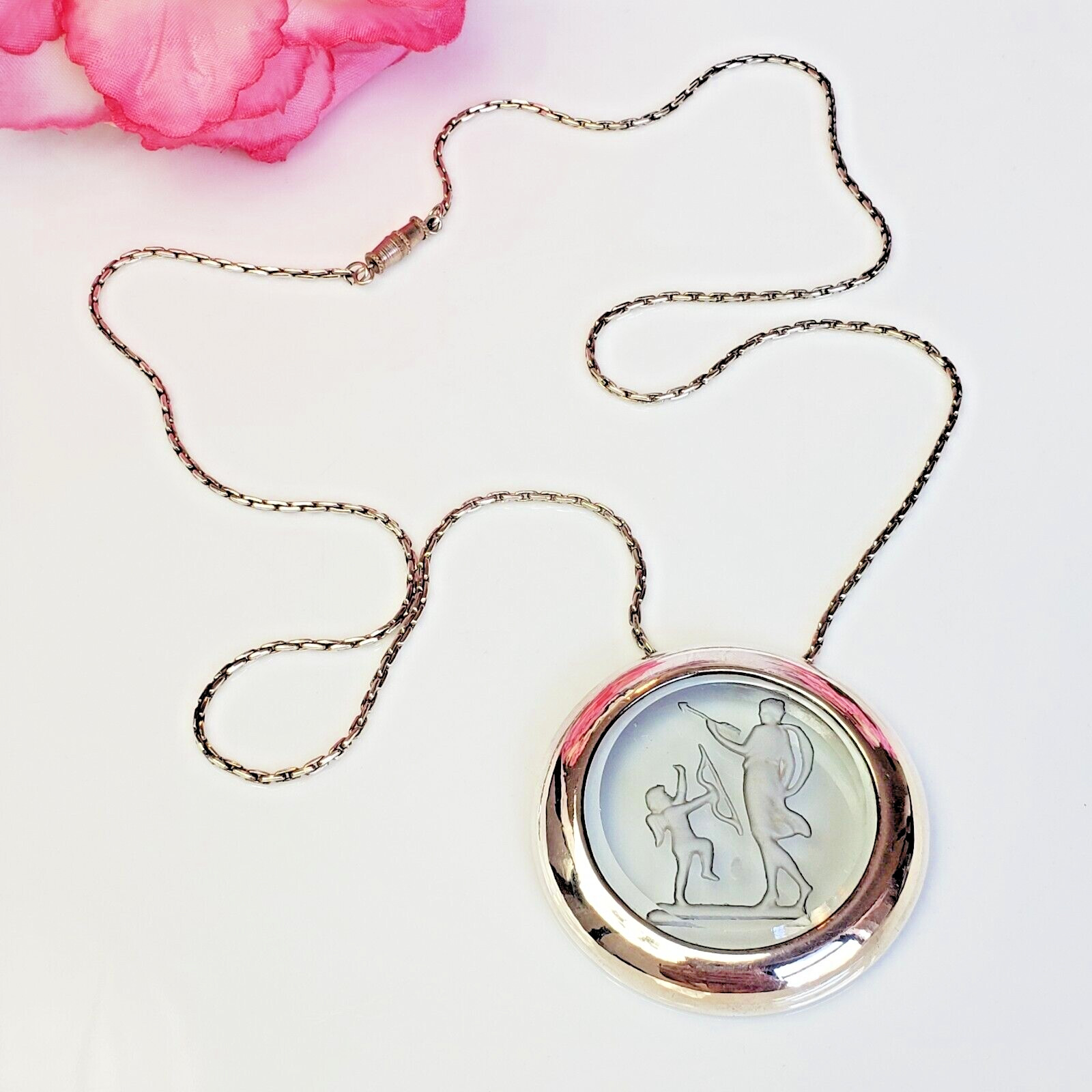 Vintage Frosted Glass Cupid Cameo Pendant Necklace Silver Chain Etched Glass