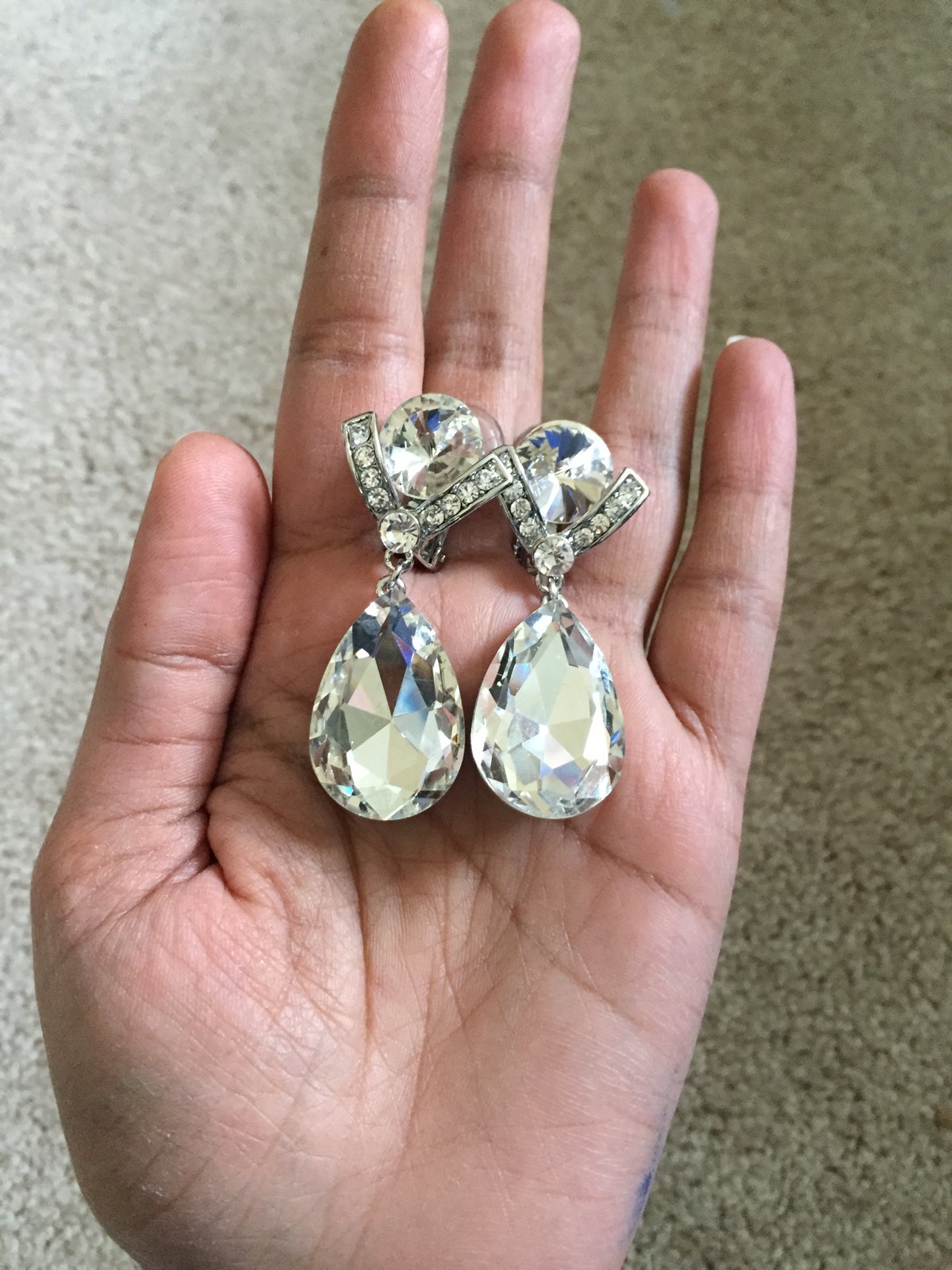 2.25″ Long CLIP ON Rhinestone Crystal Clear Silver White Wedding Dangle Earrings