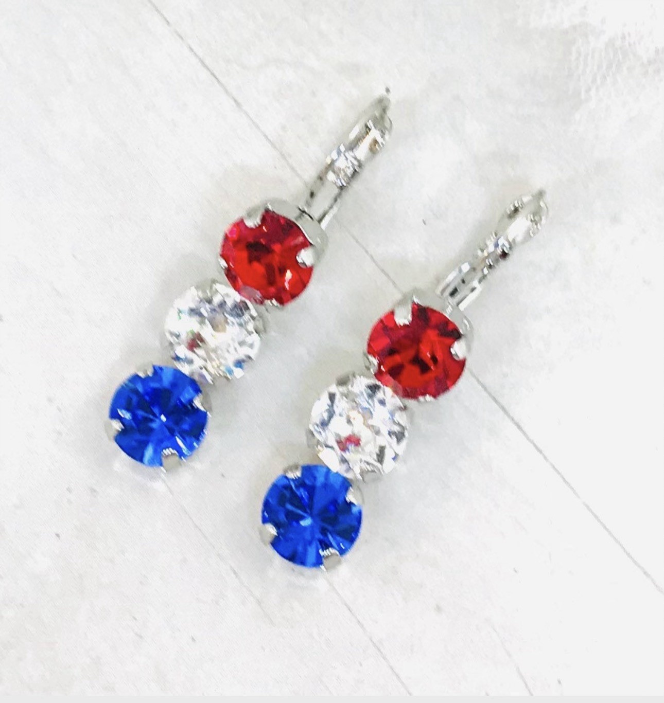 8mm Red White And Blue Patriotic Triple Stone Cup Chain Earrings