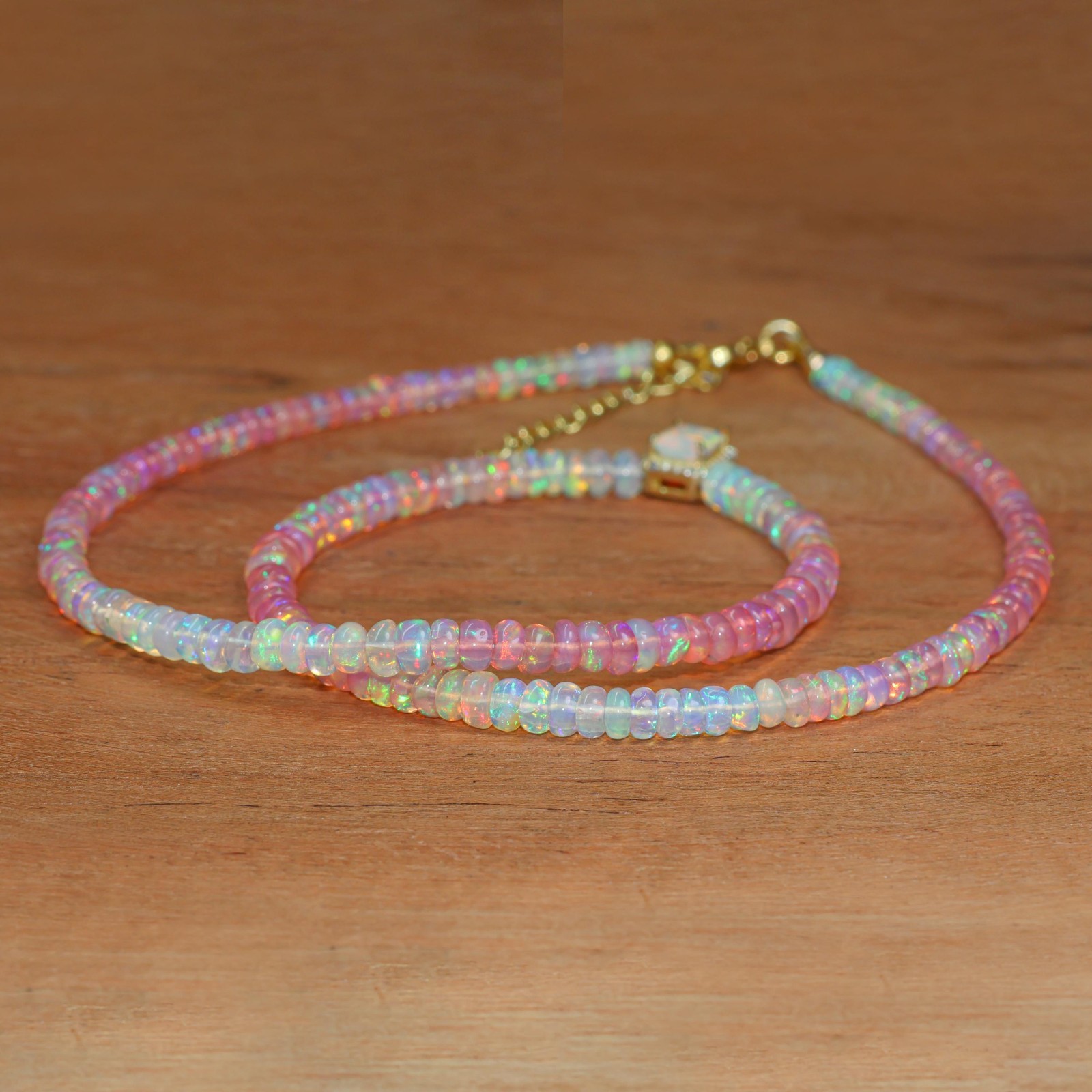 Shaded Pink Opal Smooth Beads Charm Necklace, Multifire Octagon Opal Charm