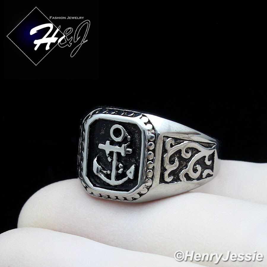BIKER MEN Stainless Steel Silver/Black Plated Anchor Ring Size 8-13*R128