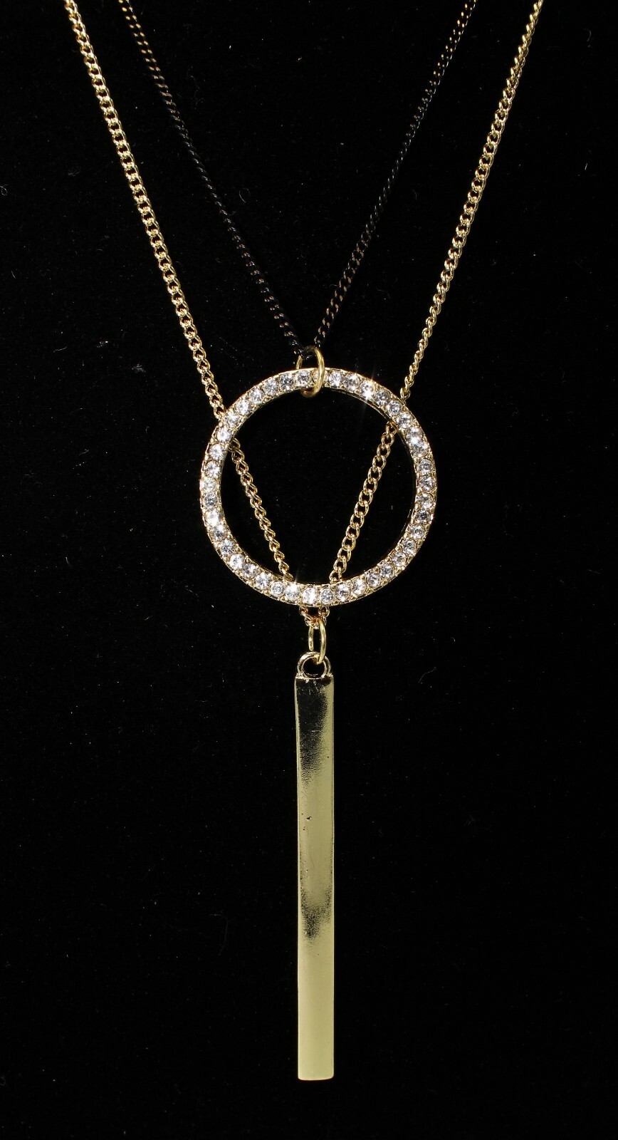 New Multi Layered Gold & Black Rhinestone Circle Bar Pendant Necklace #N1023