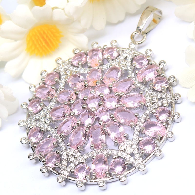 Eye Catching Big Size 13g Created Pink Kunzite CZ Women Dating Silver Pendant