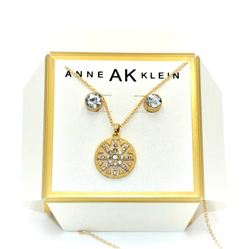 New Anne Klein Crystal Pendant & Stud Earrings Gold Tone – 16 to 20 inch
