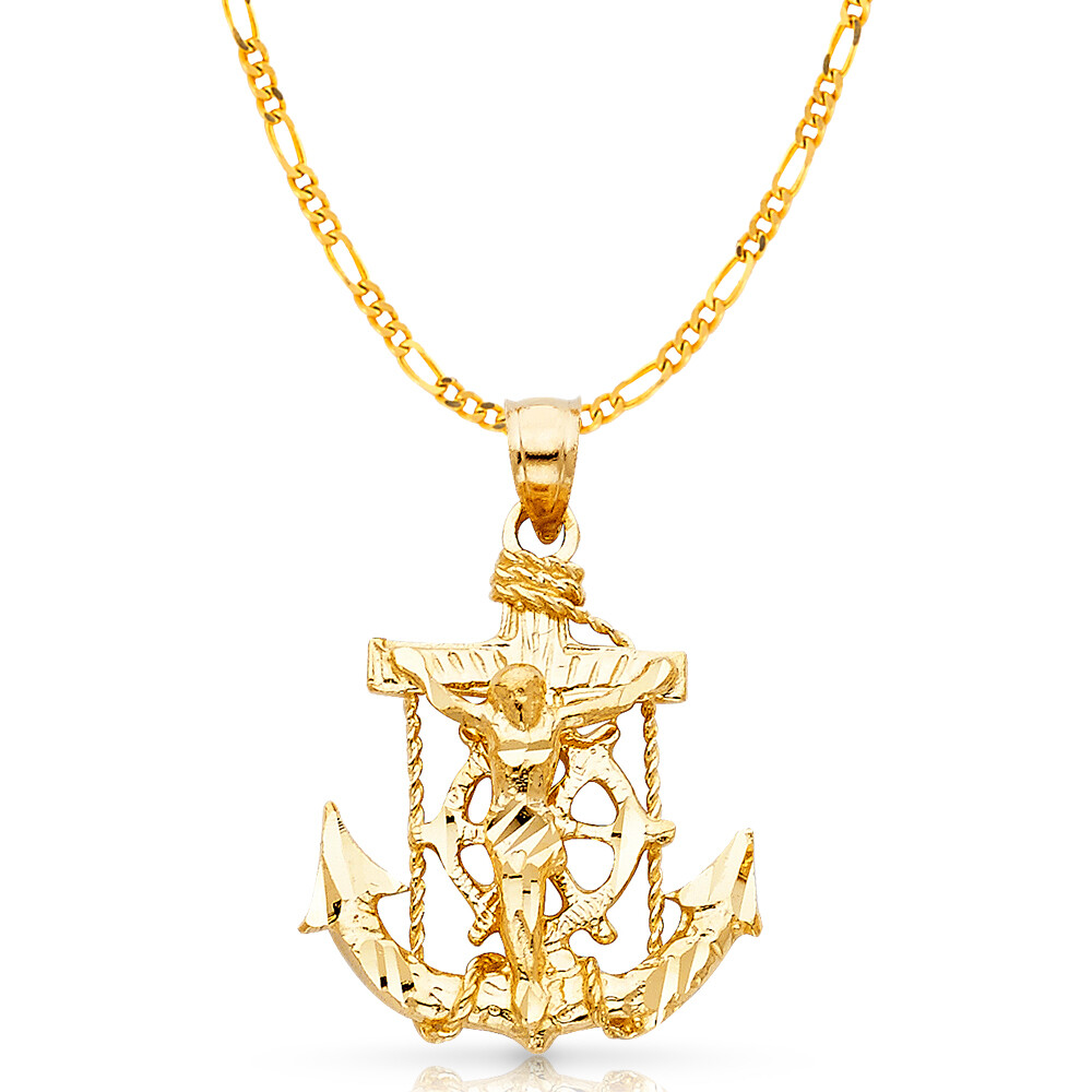 14K Yellow Gold Mariner Crucifix Charm Pendant & 3.1mm Figaro 3+1 Chain Necklace