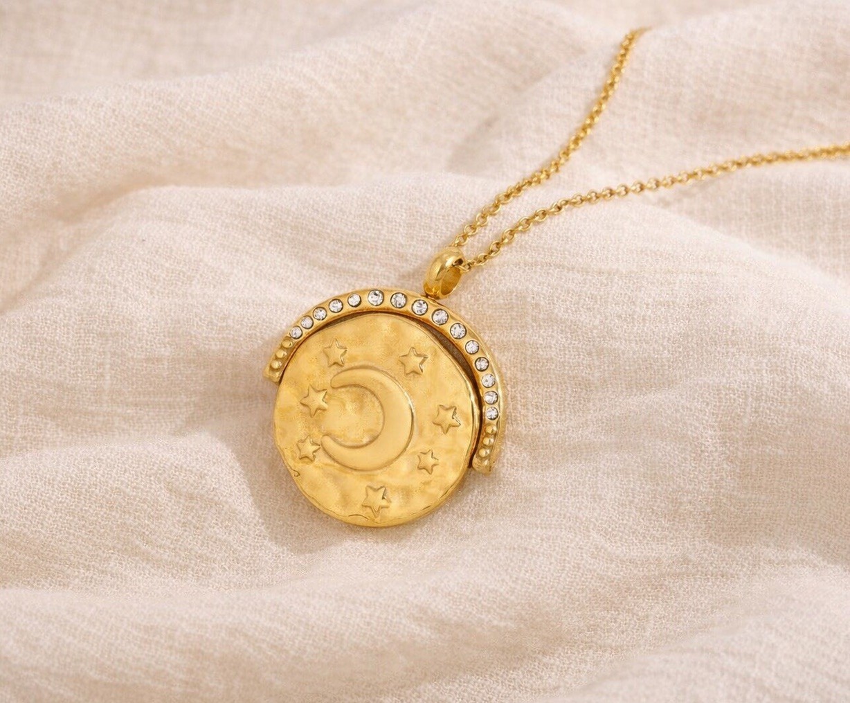 Anthropologie Sun Star Moon Necklace Celestial Charm Halo CZ Boho Double Sided