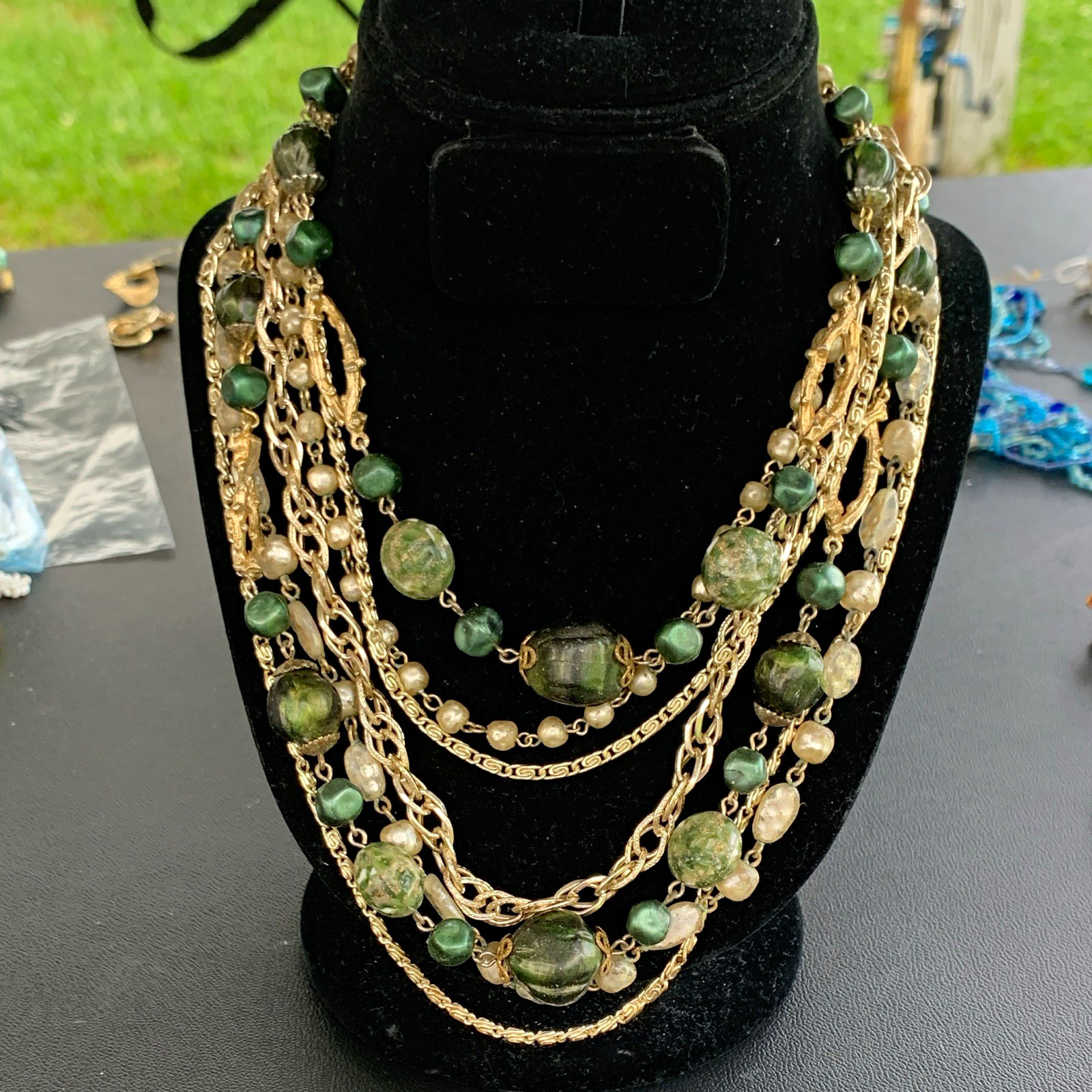 Gold Tone Layered Multi-Strand Green Round Bead Cable Chain Necklace Hook Adj